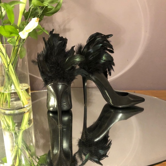 New Rachel Zoe Met gala high heels stiletto shoes black feather accents 7 - Picture 3 of 4
